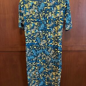 LulaRoe Julia Geometric Paisley Dress in Blue and Gold